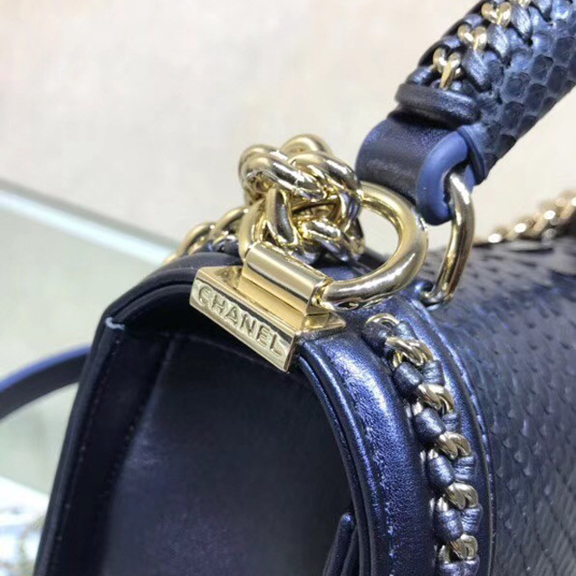 BOY CHANEL Flap Bag with Handle Python & Ruthenium-Finish Metal A94804 blue