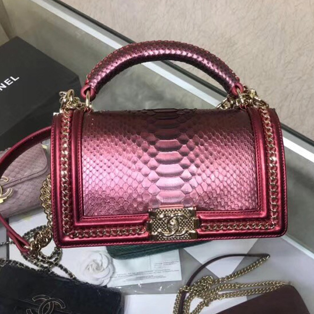 BOY CHANEL Flap Bag with Handle Python & Ruthenium-Finish Metal A94804 rose