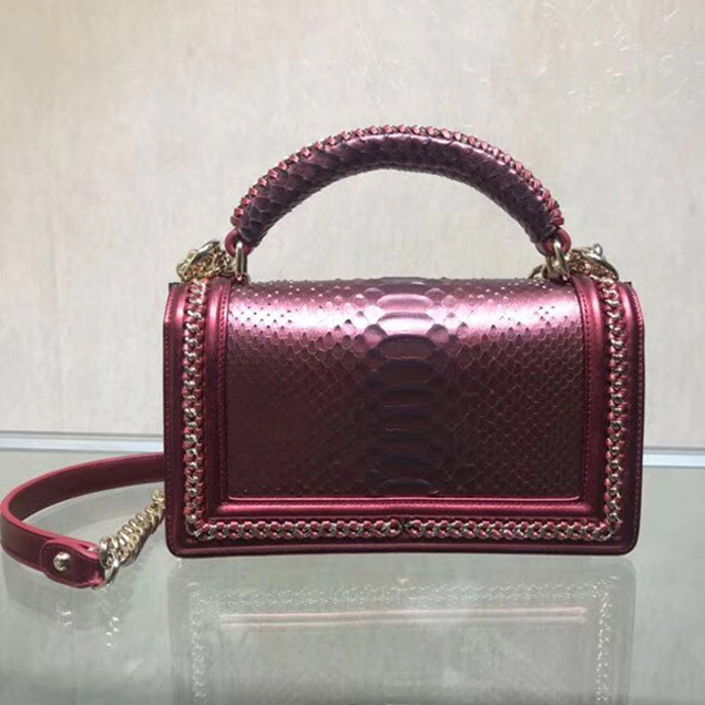 BOY CHANEL Flap Bag with Handle Python & Ruthenium-Finish Metal A94804 rose