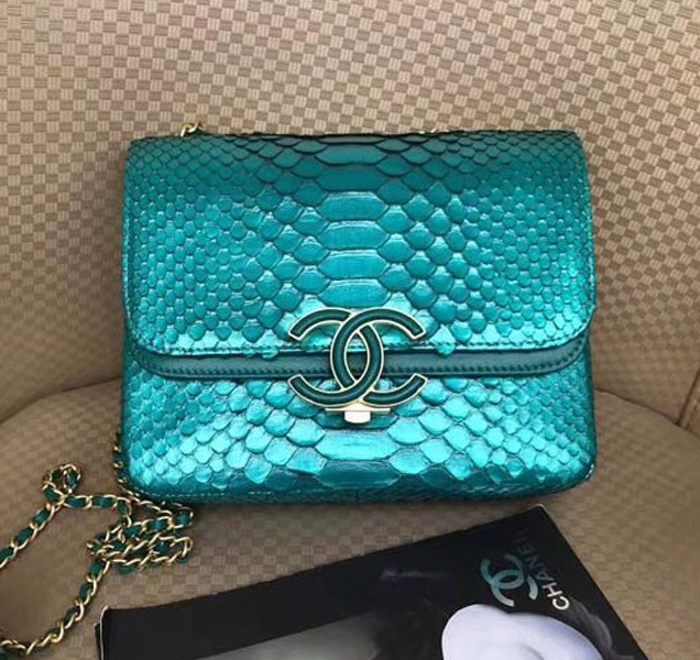 Chanel Original Flap Bag Python Lambskin Gold-Tone Metal A57277 Green