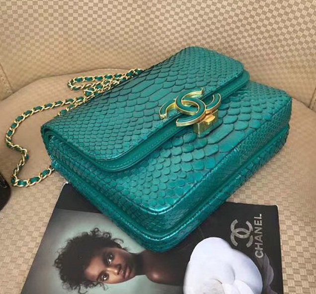 Chanel Original Flap Bag Python Lambskin Gold-Tone Metal A57277 Green
