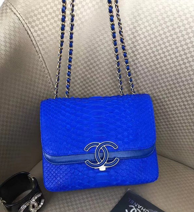 Chanel Original Flap Bag Python Lambskin Gold-Tone Metal A57277 Blue