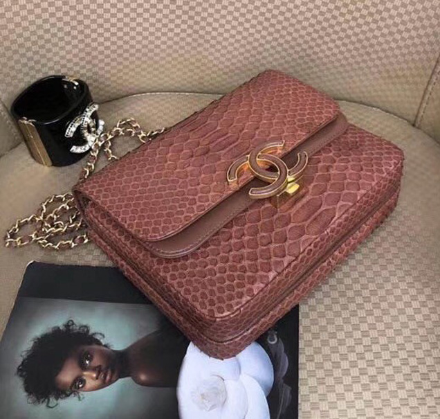 Chanel Original Flap Bag Python Lambskin Gold-Tone Metal A57277 Pink