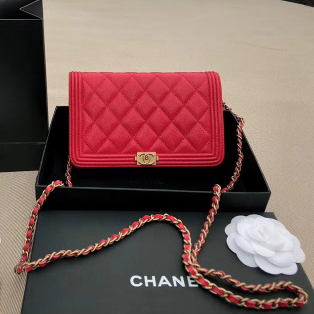 Chanel Boy Wallet On Chain WOC Bag In Red Grained Calfskin Gold-Tone Metal