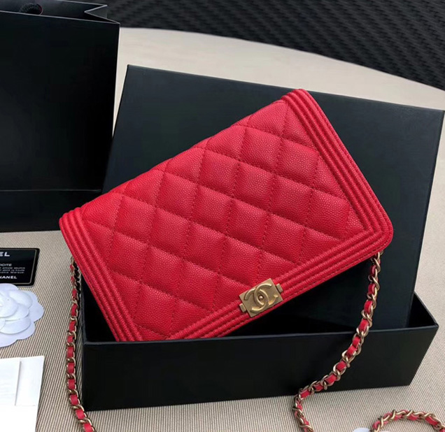 Chanel Boy Wallet On Chain WOC Bag In Red Grained Calfskin Gold-Tone Metal
