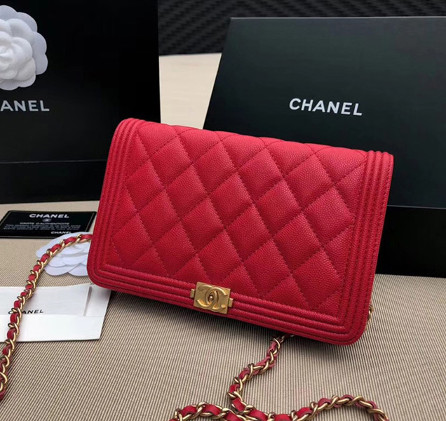 Chanel Boy Wallet On Chain WOC Bag In Red Grained Calfskin Gold-Tone Metal