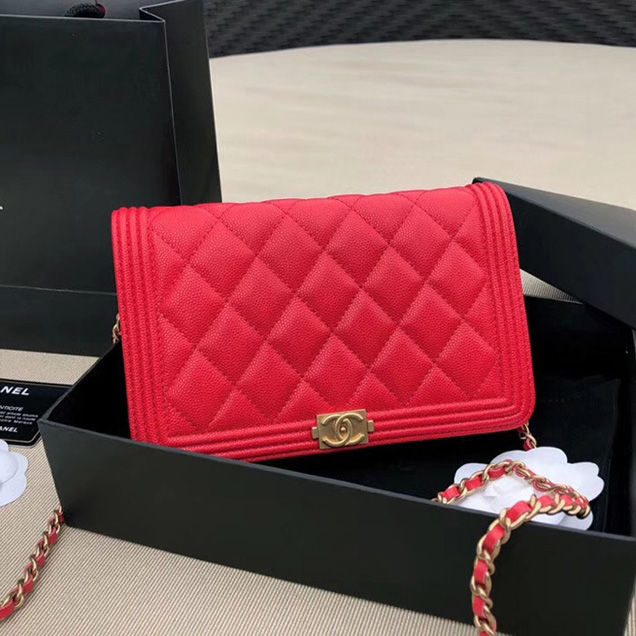 Chanel Boy Wallet On Chain WOC Bag In Red Grained Calfskin Gold-Tone Metal