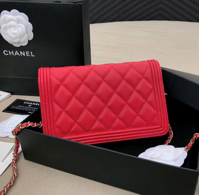 Chanel Boy Wallet On Chain WOC Bag In Red Grained Calfskin Gold-Tone Metal