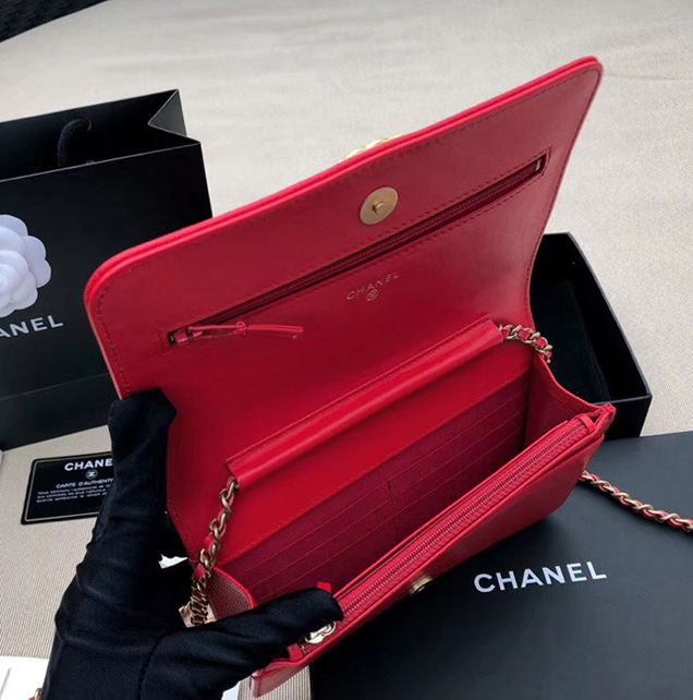 Chanel Boy Wallet On Chain WOC Bag In Red Grained Calfskin Gold-Tone Metal