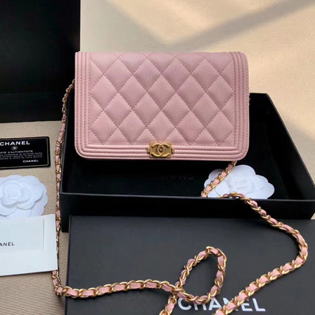 Chanel Boy Wallet On Chain WOC Bag In Pink Grained Calfskin Gold-Tone Metal