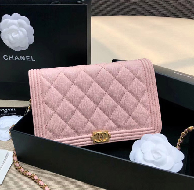 Chanel Boy Wallet On Chain WOC Bag In Pink Grained Calfskin Gold-Tone Metal