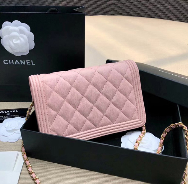Chanel Boy Wallet On Chain WOC Bag In Pink Grained Calfskin Gold-Tone Metal