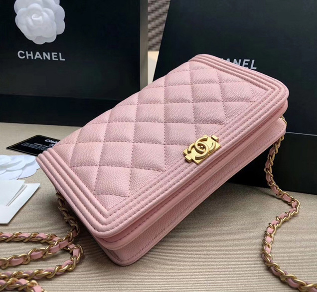 Chanel Boy Wallet On Chain WOC Bag In Pink Grained Calfskin Gold-Tone Metal