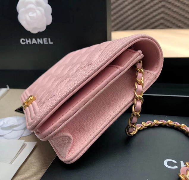 Chanel Boy Wallet On Chain WOC Bag In Pink Grained Calfskin Gold-Tone Metal