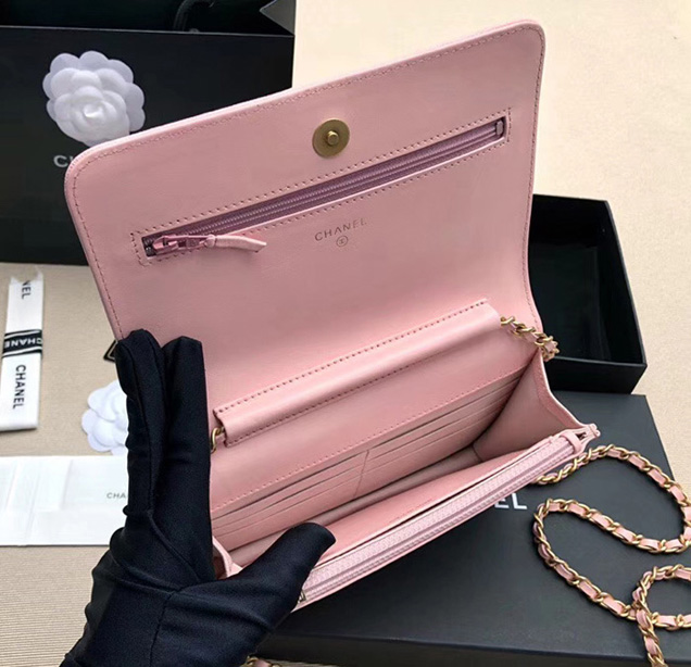 Chanel Boy Wallet On Chain WOC Bag In Pink Grained Calfskin Gold-Tone Metal