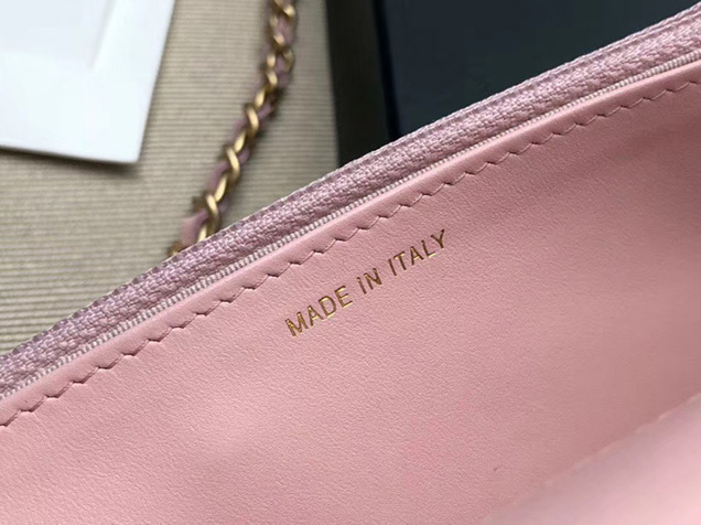 Chanel Boy Wallet On Chain WOC Bag In Pink Grained Calfskin Gold-Tone Metal