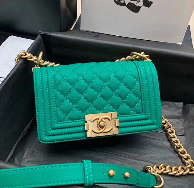 Chanel Small Le Boy Flap Bag Green Grained Calfskin Gold-Tone Metal