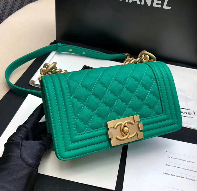 Chanel Small Le Boy Flap Bag Green Grained Calfskin Gold-Tone Metal
