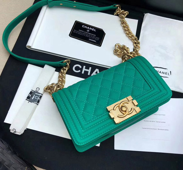 Chanel Small Le Boy Flap Bag Green Grained Calfskin Gold-Tone Metal