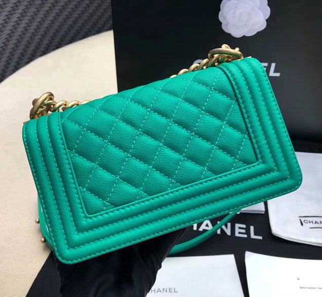 Chanel Small Le Boy Flap Bag Green Grained Calfskin Gold-Tone Metal