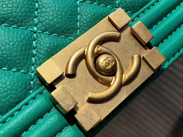 Chanel Small Le Boy Flap Bag Green Grained Calfskin Gold-Tone Metal