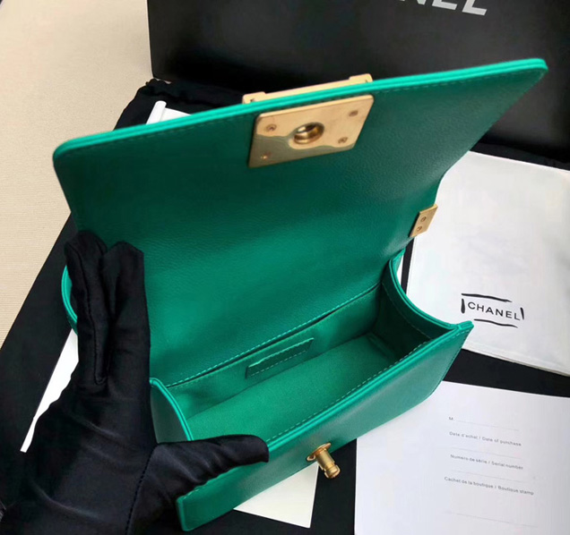 Chanel Small Le Boy Flap Bag Green Grained Calfskin Gold-Tone Metal