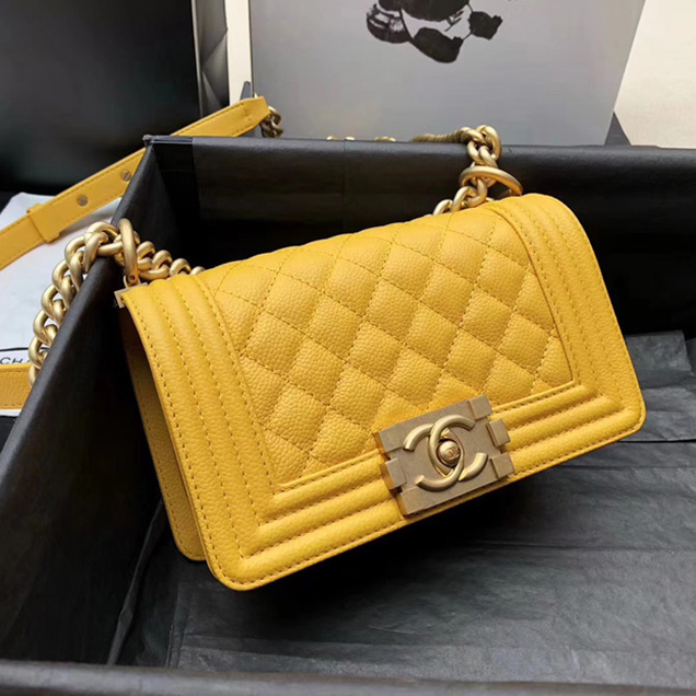 Chanel Small Le Boy Flap Bag Yellow Grained Calfskin Gold-Tone Metal