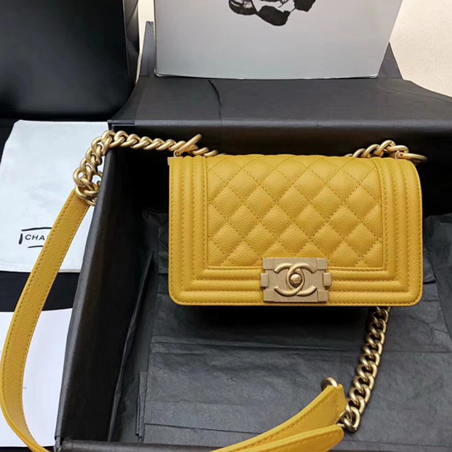Chanel Small Le Boy Flap Bag Yellow Grained Calfskin Gold-Tone Metal