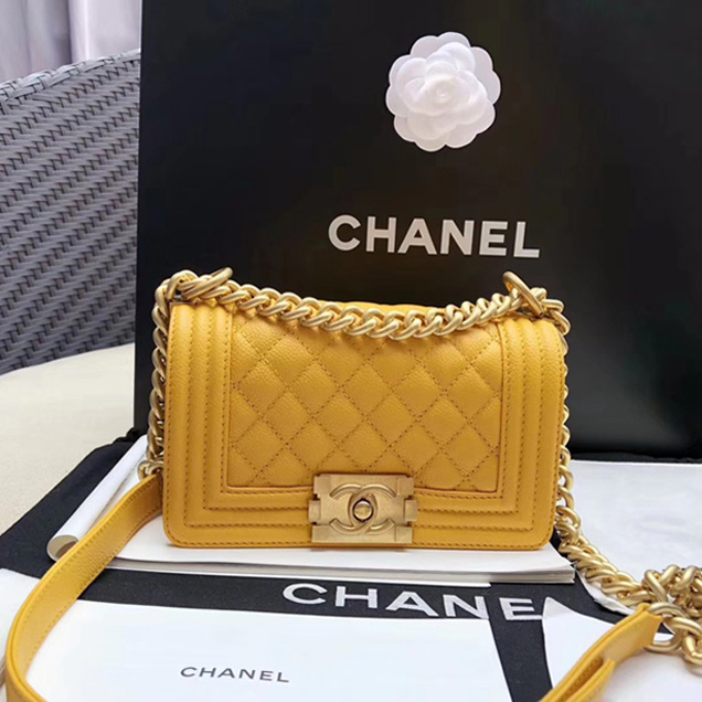 Chanel Small Le Boy Flap Bag Yellow Grained Calfskin Gold-Tone Metal