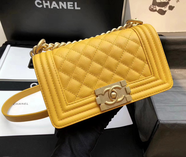 Chanel Small Le Boy Flap Bag Yellow Grained Calfskin Gold-Tone Metal