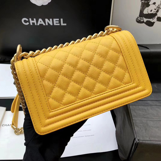 Chanel Small Le Boy Flap Bag Yellow Grained Calfskin Gold-Tone Metal