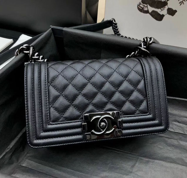 Chanel Small Le Boy Flap Bag Black Grained Calfskin Black-Tone Metal