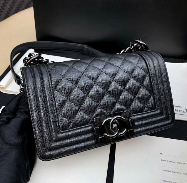 Chanel Small Le Boy Flap Bag Black Grained Calfskin Black-Tone Metal