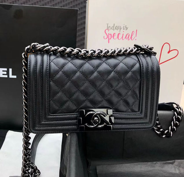 Chanel Small Le Boy Flap Bag Black Grained Calfskin Black-Tone Metal