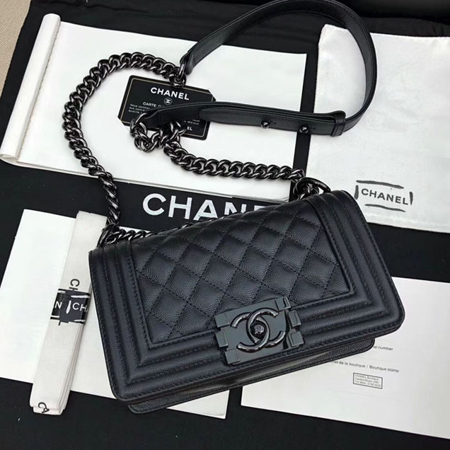 Chanel Small Le Boy Flap Bag Black Grained Calfskin Black-Tone Metal