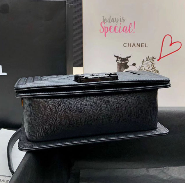 Chanel Small Le Boy Flap Bag Black Grained Calfskin Black-Tone Metal