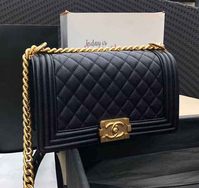 Chanel Medium Le Boy Flap Bag Black Grained Calfskin Placer Gold-Tone Metal