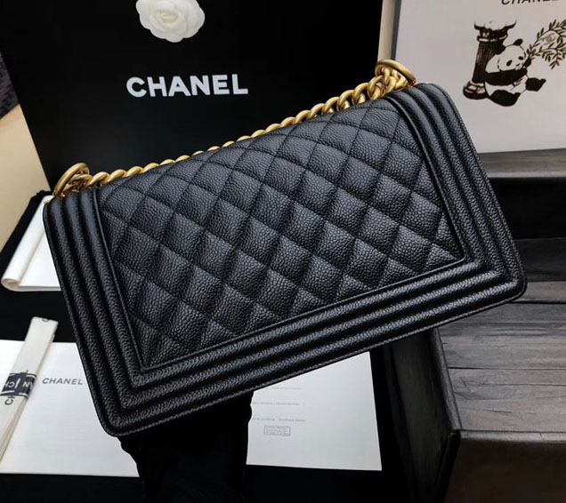 Chanel Medium Le Boy Flap Bag Black Grained Calfskin Placer Gold-Tone Metal