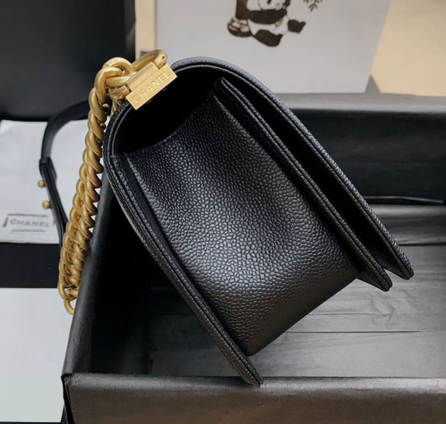 Chanel Medium Le Boy Flap Bag Black Grained Calfskin Placer Gold-Tone Metal
