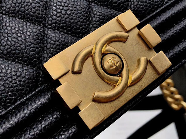 Chanel Medium Le Boy Flap Bag Black Grained Calfskin Placer Gold-Tone Metal