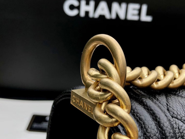 Chanel Medium Le Boy Flap Bag Black Grained Calfskin Placer Gold-Tone Metal