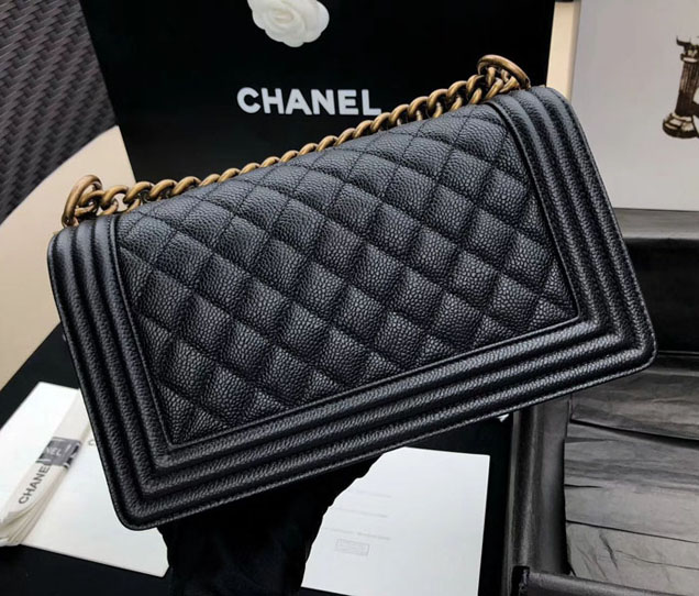 Chanel Medium Le Boy Flap Bag Black Grained Calfskin Gold-Tone Metal