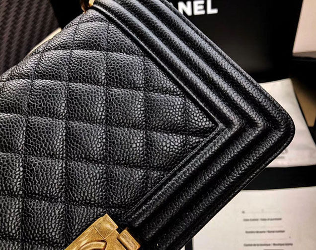 Chanel Medium Le Boy Flap Bag Black Grained Calfskin Gold-Tone Metal