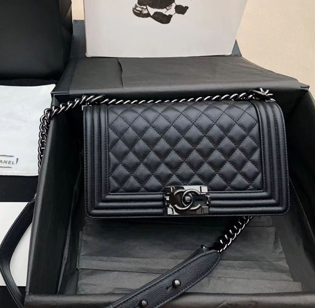 Chanel Medium Le Boy Flap Bag Black Grained Calfskin Black-Tone Metal