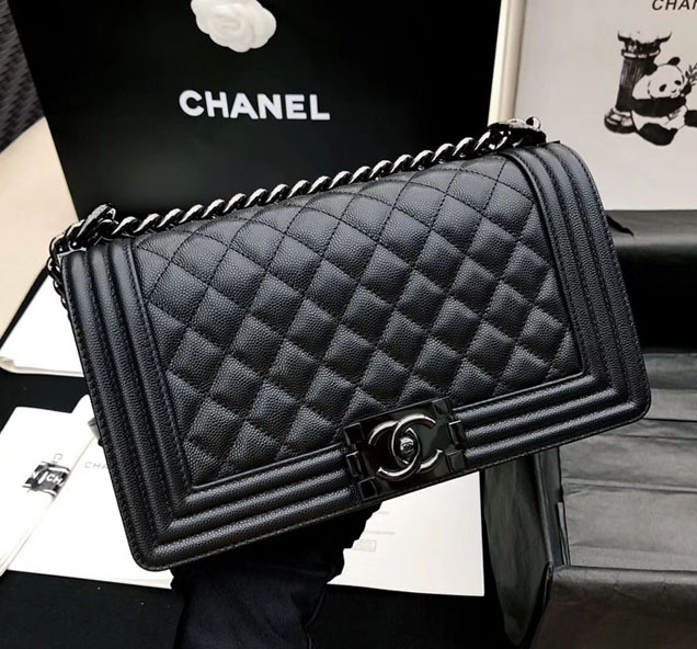 Chanel Medium Le Boy Flap Bag Black Grained Calfskin Black-Tone Metal