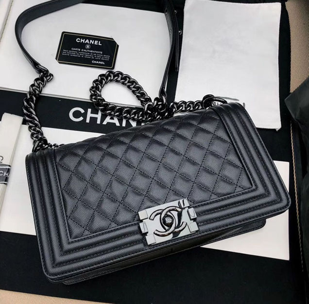 Chanel Medium Le Boy Flap Bag Black Grained Calfskin Black-Tone Metal