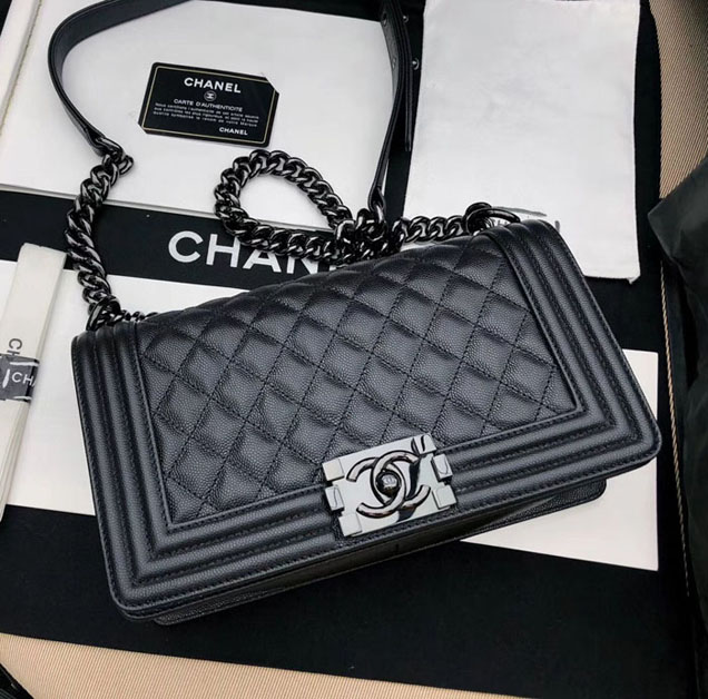 Chanel Medium Le Boy Flap Bag Black Grained Calfskin Black-Tone Metal