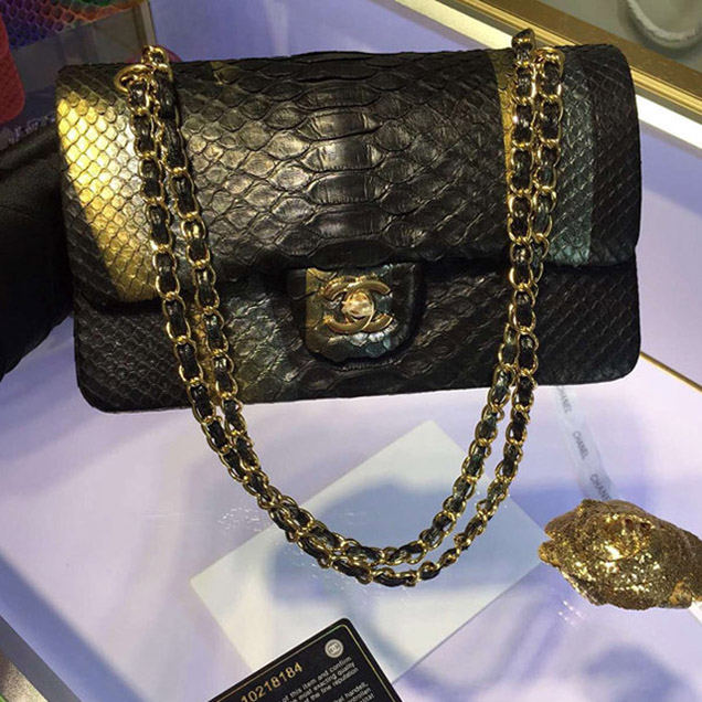 Chanel Python Classic Flap Bag A1112 Gold Black Gold-Tone Metal