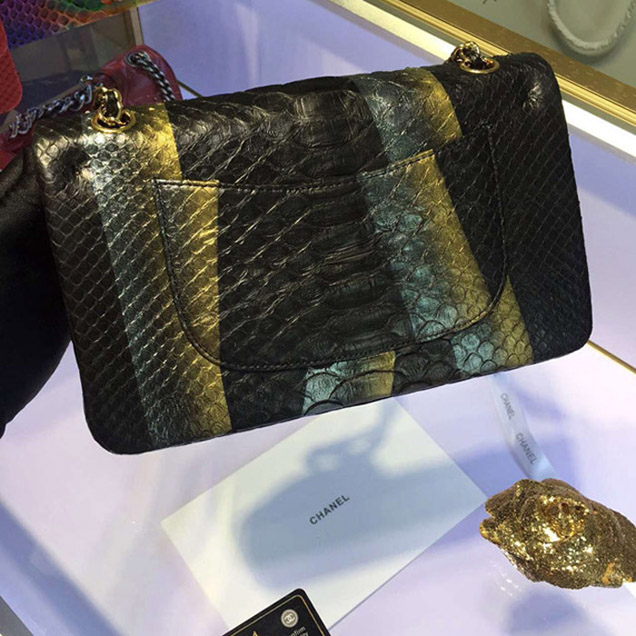 Chanel Python Classic Flap Bag A1112 Gold Black Gold-Tone Metal