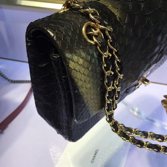 Chanel Python Classic Flap Bag A1112 Gold Black Gold-Tone Metal